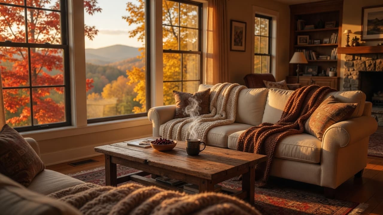 A mountain living room in fall light, with a sofa, a fireplace, and steam rising from a mug